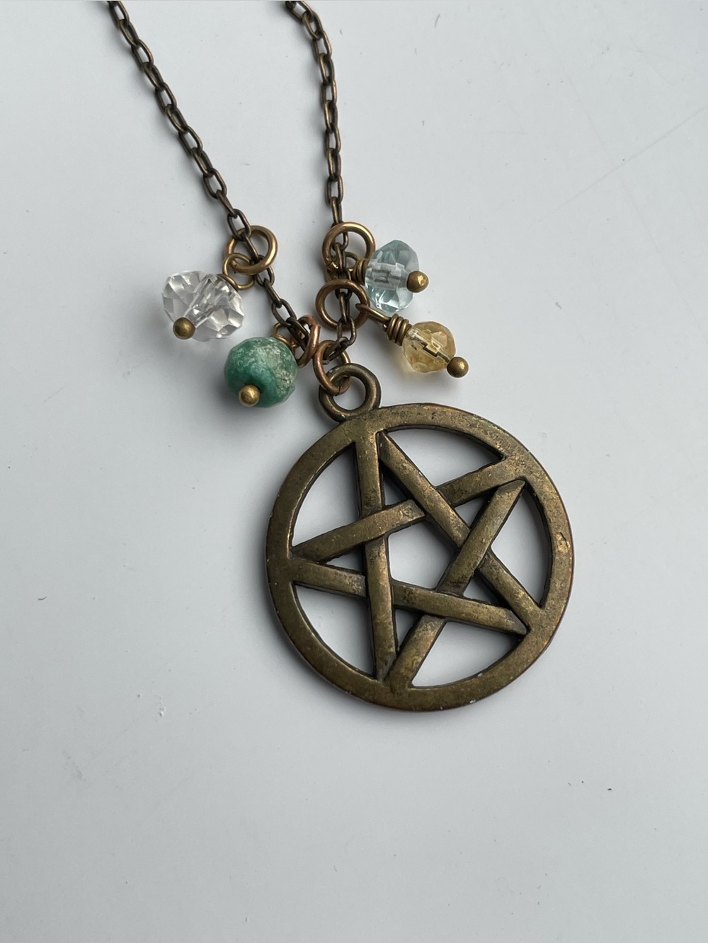 Vintage Bronze Brass Pentacle with Earth Air Water Fire Charms and 17" chain